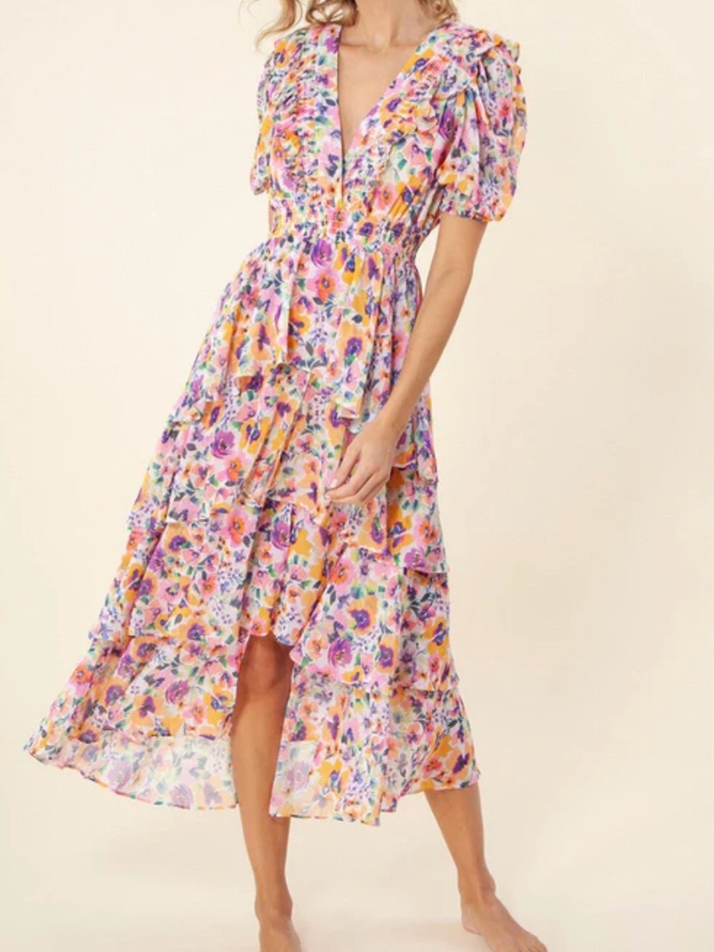 Hale Bob XS Floral Ruffle Tiered Midi Dress Pink Orange Watercolor Print